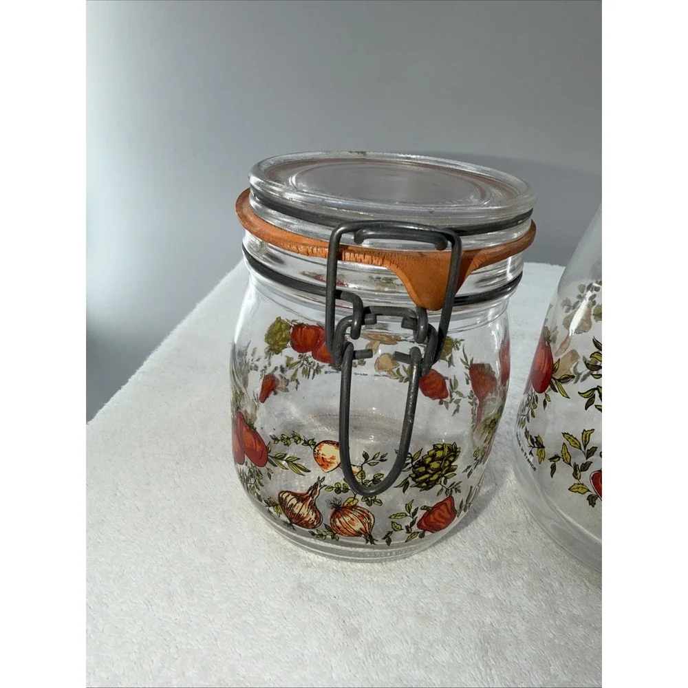 ARC France Vintage Spice Of Life Mushroom Veg Glass Canister Jar Set Of 3 1970s